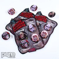 B-Movie Monster Madness Button Packs Featuring Four Pin-Back Buttons and a Die Cut Backer Card