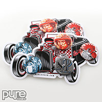 Hot Rod Shaped Buton Packs for Red Legger Featuring Four Custom Buttons