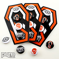 Coffin Shaped Die Cut Button Packs by Spook City Inc Featuring Three One Inch Custom Buttons