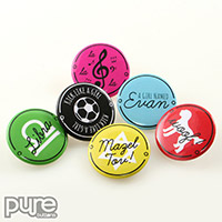 Closeup of Colorful Pin-Back Buttons From Bat Mitzvah Button Pack Invitation